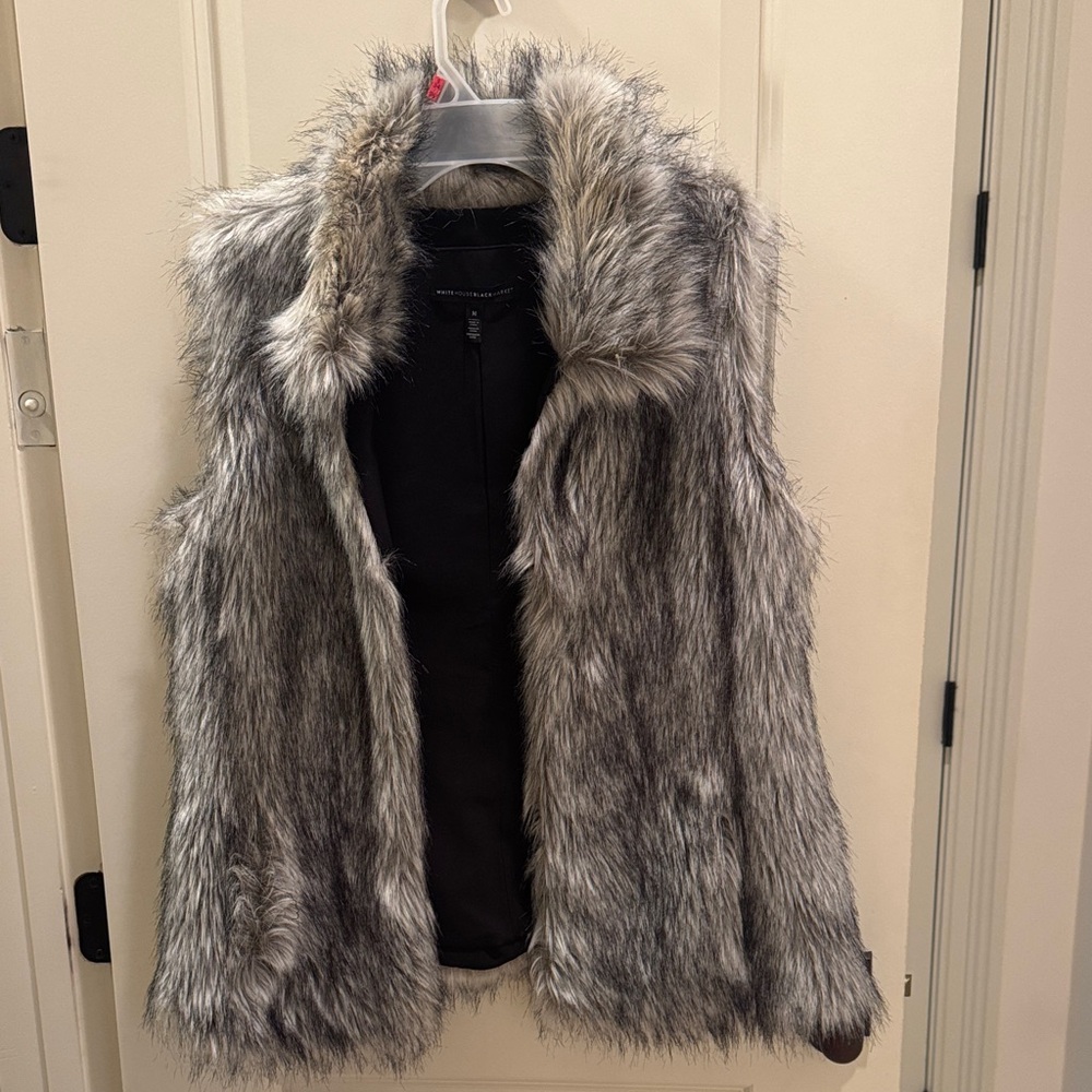 White House Black Market Faux Fur Vest in Gray and Black